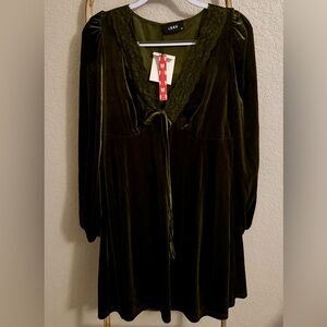 VELVET V-NECK SOLID LACE TRIM KNOTTED MINI DRESS